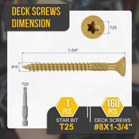 DTGN #8x1-3/4 Deck Screws - 160Pack - Good for Decks, Fences, Frames, Farms, Outdoor Furniture - Carbon Steel Wood Screws Decking Screws W/ T25 Torx Star Drive Bit - Tan in Saudi Arabia