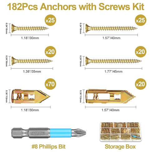 MAPVOLUT 182-Piece Self Drilling Drywall Anchors with Screws Kit – Heavy Duty Metal Wall Anchors for Drywall, No Drill Needed, (Up to 80LB Capacity) Includes #8 Phillips Bit & Storage Box in Saudi Arabia