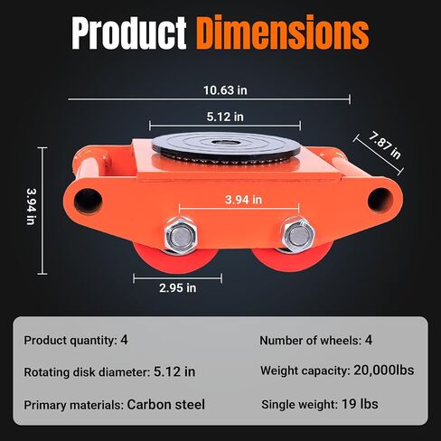 4 Pack Machinery Mover Set - 20,000Lbs/10T Capacity Industrial Machinery Skate, Carbon Steel Skate Dolly with 360° Rotation Cap & Non-Marking PU Wheels for Heavy Equipment Moving in Kuwait