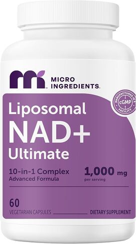 Liposomal NAD+ Ultimate 1،000mg | 60 كبسولات الخضروات | 10 في 1 مع ريسفيراترول ، علاء ، الجلوتاثيون ، أستازانثين ، وكيرسيتين | ملحق NAD للنساء والرجال | مكافحة الشيخوخة والطاقة ودعم الدماغ in Kuwait