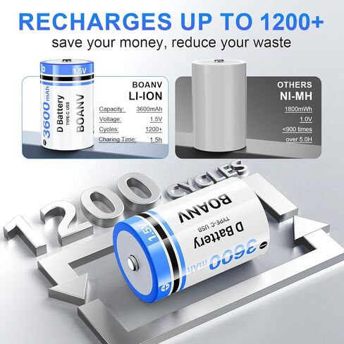 4 قطع بطاريات D قابلة لإعادة الشحن مع كابل USB 2 في 1، بطاريات ليثيوم أيون D، بطارية خلية بحجم D 1.5 فولت 3600 مللي أمبير في الساعة لألعاب الأضواء الكاشفة، والمصابيح الكهربائية، وفوانيس التخييم وأضواء العمل in Kuwait