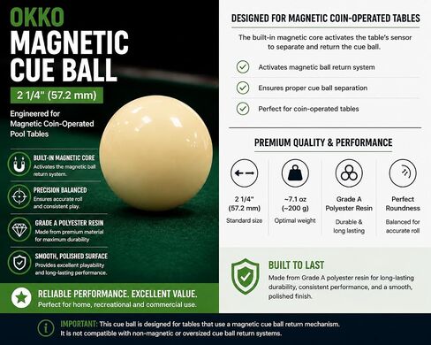 OKKO Magnetic Cue Balls, 2-Pack, 2-1/4" for Coin-Operated Pool Tables | Magnetic cue balls for coin-op tables • 2-1/4" size • Durable polyester resin • 2-pack in Kuwait