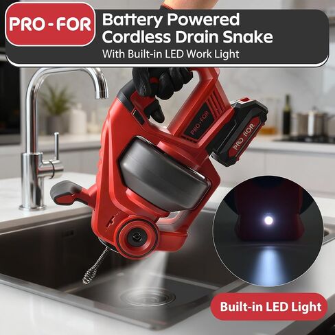 20V Cordless Electric Drain Auger, 25Ft Auto-Feed Drain Snake, Replaceable Cable, 2.0Ah Battery & Charger, LED Light, Clog Remover for Sink, Shower, Kitchen, Bathroom Pipes (3/4"-2") in Kuwait