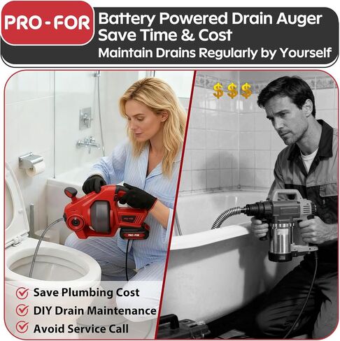 20V Cordless Electric Drain Auger, 25Ft Auto-Feed Drain Snake, Replaceable Cable, 2.0Ah Battery & Charger, LED Light, Clog Remover for Sink, Shower, Kitchen, Bathroom Pipes (3/4"-2") in Kuwait