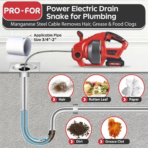 20V Cordless Electric Drain Auger, 25Ft Auto-Feed Drain Snake, Replaceable Cable, 2.0Ah Battery & Charger, LED Light, Clog Remover for Sink, Shower, Kitchen, Bathroom Pipes (3/4"-2") in Kuwait