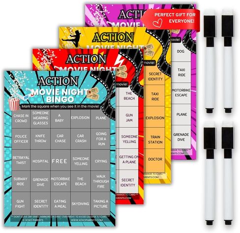 XOXO Parents Movie Night Bingo Cards - لعبة ممتعة للبالغين والأطفال | 4 بطاقات بنغو قابلة لإعادة الاستخدام مع أقلام تحديد قابلة للمسح الجاف | هدايا لعشاق الأفلام، وأفكار ليلة الألعاب العائلية، والسحب وجمع التبرعات in Kuwait