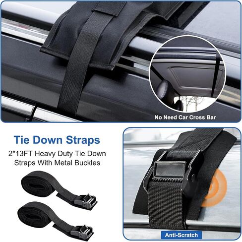 Universal Soft Roof Rack Pads with Two 16 FT Tie-Down Straps, Bow & Stern Ropes, Quick Loops & Storage Bag–Car Roof Rack for Kayak, Surfboard, SUP, Canoe–Fits Cars, SUVs, Sedans & Hatchbacks(1 Pair) in Kuwait