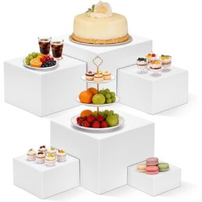6 Pcs Buffet Risers, White Acrylic Large Food Risers for Buffet Table with Mini Table Sign, Display Stand Shelf for Party, Catering Cube Nesting Boxes (9" 8" 7" 6" 5" 4" ) in Kuwait