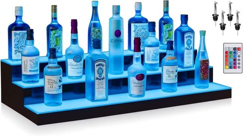 Boss Premium® BarUSA™ LED Lighted Bar Shelf Display Liquor Bottle Alcohol Whiskey Shelves Rack Stand Tray Units for Home Bar Living Room Accessories and Decor - Designed in USA (3-Step, 16 Inch) in Kuwait