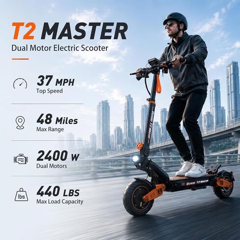 Dual Motor Electric Scooter for Adults, 2400W Power, Up to 37 MPH Top Speed & 48 Miles Range, 52V 20.8Ah Battery, Hydraulic Suspension, 10" Off-Road Tires, Foldable E Scooter with Dual Brakes in Kuwait