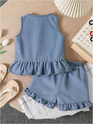 MakeMeChic Girl's 2 Piece Denim Outfits Bow Knot Crew Neck Sleeveless Button Down Top and Jorts Summer Sets in Saudi Arabia