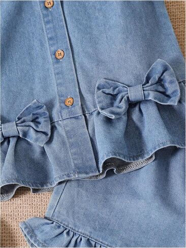 MakeMeChic Girl's 2 Piece Denim Outfits Bow Knot Crew Neck Sleeveless Button Down Top and Jorts Summer Sets in Saudi Arabia