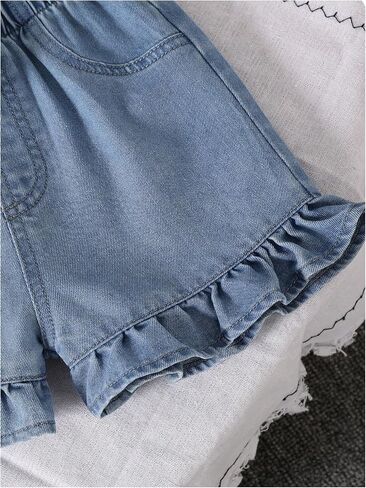 MakeMeChic Girl's 2 Piece Denim Outfits Bow Knot Crew Neck Sleeveless Button Down Top and Jorts Summer Sets in Saudi Arabia