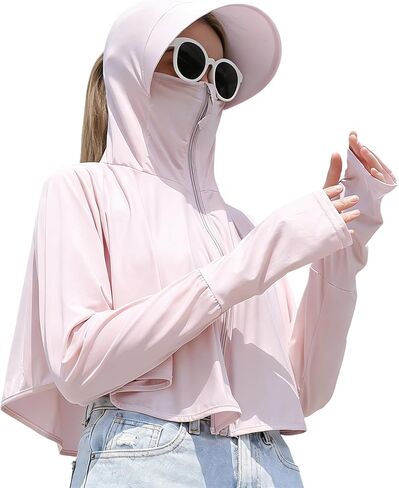 IZUS Women's Quick Dry Hoodie Shirts Crop Top Lightweight Long Sleeve Zip Athletic Jacket Hiki Workout Sun Protection in Kuwait