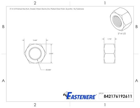 2"-4-1/2 Finished Hex Nuts, Grade 2 Steel, Electro Zinc Plated Clear Finish, Quantity 1 By Fastenere in Kuwait