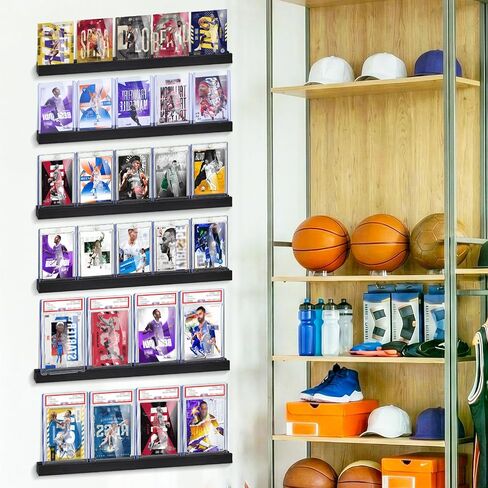 Trading Card Wall Display Shelf - Holds 30 Cards - 6-Pack Wooden Sports Cards Display Shelves for Baseball, Football, Basketball & Graded Card Collections, Black in Kuwait