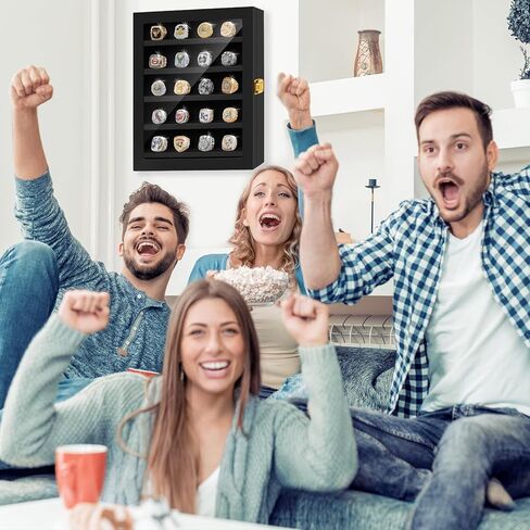 حافظة عرض حلقة البطولة - حامل حلقة بيسبول مكون من 20 عمودًا حلقيًا مع ضوء LED، وحقيبة عرض حلقة البيسبول، وصندوق ظلال خشبي مثبت على الحائط لمجموعة حلقات البطل الرياضية (أسود) in Kuwait