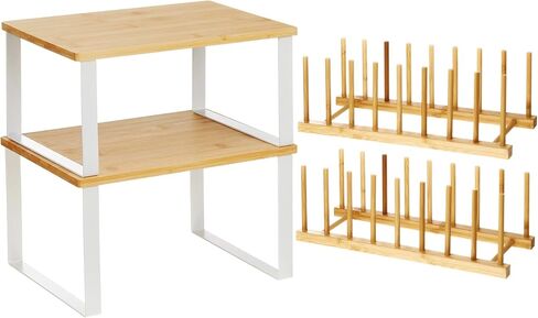 Marsui 4 Pcs Kitchen Organizer Accessories Set Cabinet Organizer Shelf and Bamboo Dish Drying Plate Rack Counter Shelves Storage Holder for Spice Rack, Dish, Pot Lid, Bowl, Cup (Black) in Saudi Arabia