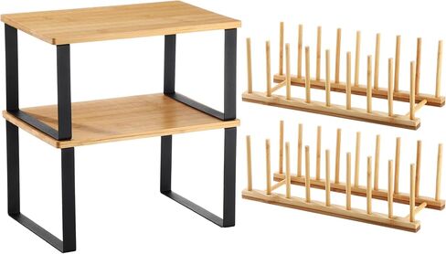 Marsui 4 Pcs Kitchen Organizer Accessories Set Cabinet Organizer Shelf and Bamboo Dish Drying Plate Rack Counter Shelves Storage Holder for Spice Rack, Dish, Pot Lid, Bowl, Cup (Black) in Saudi Arabia