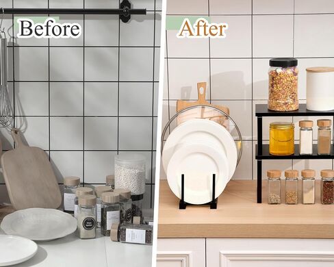 Marsui 4 Pcs Kitchen Organizer Accessories Set Cabinet Organizer Shelf and Bamboo Dish Drying Plate Rack Counter Shelves Storage Holder for Spice Rack, Dish, Pot Lid, Bowl, Cup (Black) in Saudi Arabia