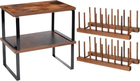 Marsui 4 Pcs Kitchen Organizer Accessories Set Cabinet Organizer Shelf and Bamboo Dish Drying Plate Rack Counter Shelves Storage Holder for Spice Rack, Dish, Pot Lid, Bowl, Cup (Black) in Saudi Arabia