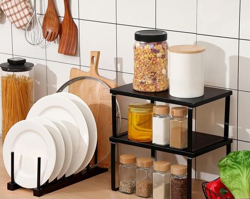 Marsui 4 Pcs Kitchen Organizer Accessories Set Cabinet Organizer Shelf and Bamboo Dish Drying Plate Rack Counter Shelves Storage Holder for Spice Rack, Dish, Pot Lid, Bowl, Cup (Black) in Saudi Arabia