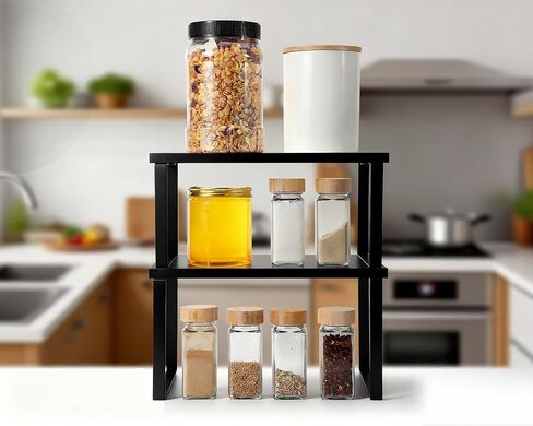 Marsui 4 Pcs Kitchen Organizer Accessories Set Cabinet Organizer Shelf and Bamboo Dish Drying Plate Rack Counter Shelves Storage Holder for Spice Rack, Dish, Pot Lid, Bowl, Cup (Black) in Saudi Arabia