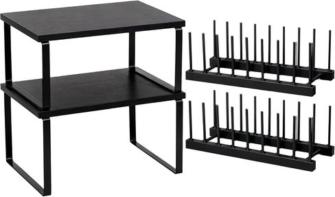 Marsui 4 Pcs Kitchen Organizer Accessories Set Cabinet Organizer Shelf and Bamboo Dish Drying Plate Rack Counter Shelves Storage Holder for Spice Rack, Dish, Pot Lid, Bowl, Cup (Black) in Saudi Arabia