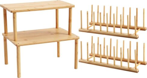 Marsui 4 Pcs Kitchen Organizer Accessories Set Cabinet Organizer Shelf and Bamboo Dish Drying Plate Rack Counter Shelves Storage Holder for Spice Rack, Dish, Pot Lid, Bowl, Cup (Black) in Saudi Arabia