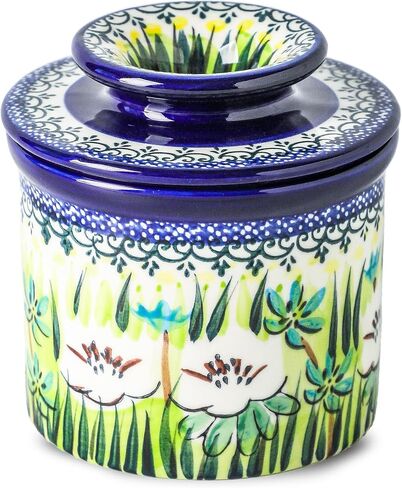 French Butter Crock with Lid for Countertop,Handpainted Floral Butter Keeper with Water Seal Line, Farmhouse Ceramic Butter Container Airtight for Soft Spreadable Butter,Housewarming Gifts in Kuwait