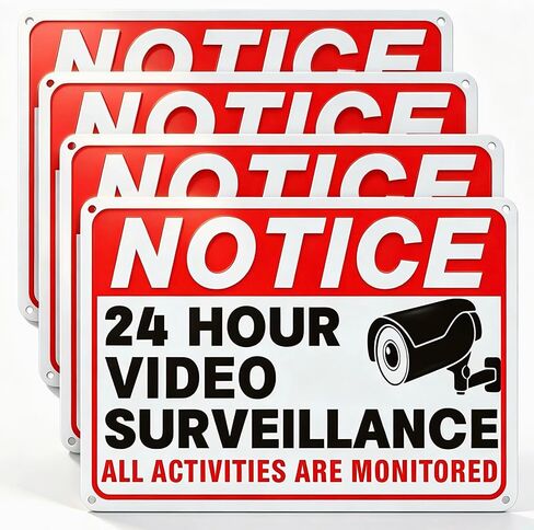 4 Pack Video Surveillance Signs, 24hr Security Camera Warning Sign | 10x7 inch rust-proof reflective aluminum sign, private property outdoor, under surveillance alert for home & business use in Kuwait