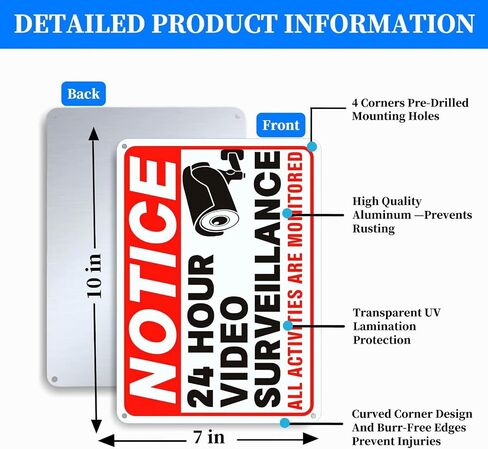 4 Pack Video Surveillance Signs, 24hr Security Camera Warning Sign | 10x7 inch rust-proof reflective aluminum sign, private property outdoor, under surveillance alert for home & business use in Kuwait