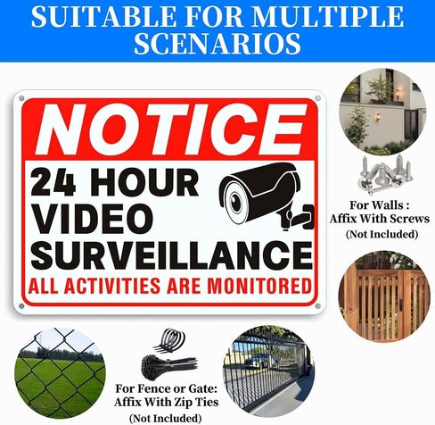 4 Pack Video Surveillance Signs, 24hr Security Camera Warning Sign | 10x7 inch rust-proof reflective aluminum sign, private property outdoor, under surveillance alert for home & business use in Kuwait