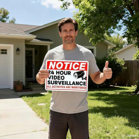 4 Pack Video Surveillance Signs, 24hr Security Camera Warning Sign | 10x7 inch rust-proof reflective aluminum sign, private property outdoor, under surveillance alert for home & business use in Kuwait