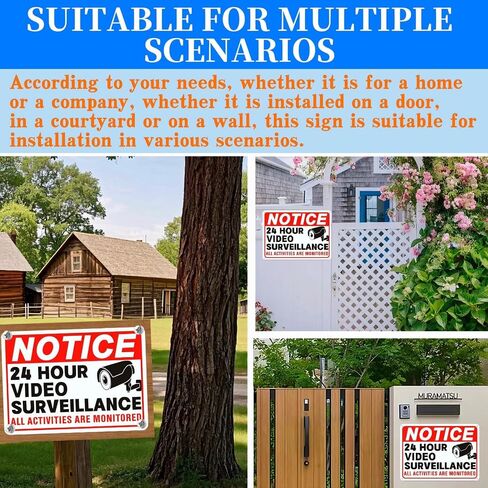 4 Pack Video Surveillance Signs, 24hr Security Camera Warning Sign | 10x7 inch rust-proof reflective aluminum sign, private property outdoor, under surveillance alert for home & business use in Kuwait