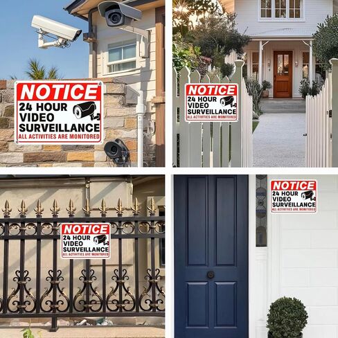 4 Pack Video Surveillance Signs, 24hr Security Camera Warning Sign | 10x7 inch rust-proof reflective aluminum sign, private property outdoor, under surveillance alert for home & business use in Kuwait