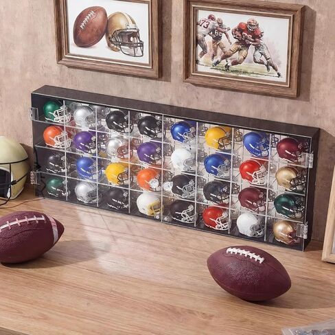 Leinuosen 32 Acrylic Pocket Size Helmet Display Case for Pocket Football Helmets Mini Baseball Helmets Stand Display Cabinet Holder Rack Wall Mount with Clear Double Door, 22 x 8.6 x 2 Inch, 4x8 Grid in Kuwait