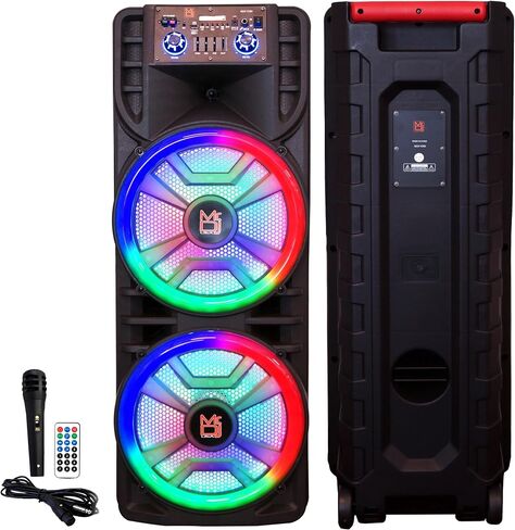 Mr. Dj USA Newyork+ مكبر صوت كاريوكي محمول بلوتوث مقاس 12 بوصة × 2 قابل لإعادة الشحن مع ميكروفون أضواء اللهب للحفلات TWS USB وراديو FM + كرة كريستال سحرية LED in Kuwait