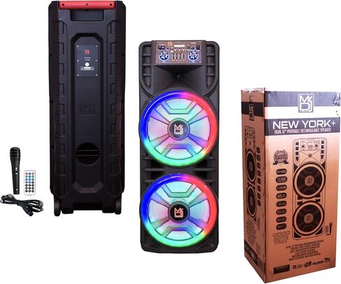 Mr. Dj USA Newyork+ مكبر صوت كاريوكي محمول بلوتوث مقاس 12 بوصة × 2 قابل لإعادة الشحن مع ميكروفون أضواء اللهب للحفلات TWS USB وراديو FM + كرة كريستال سحرية LED in Kuwait
