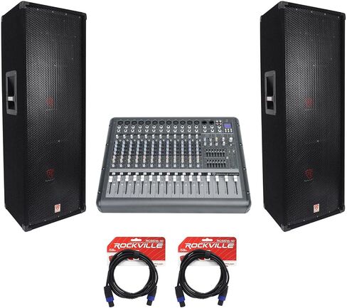 حزمة Rockville RSG12.24: 2 × 12 2000 واط مكبرات صوت DJ/Pro سلبية، RPM1470 14 قناة 6000 واط، 2 × RCSS1610 10 أقدام 16 AWG كابلات مكبر الصوت، 5 قطع in Kuwait