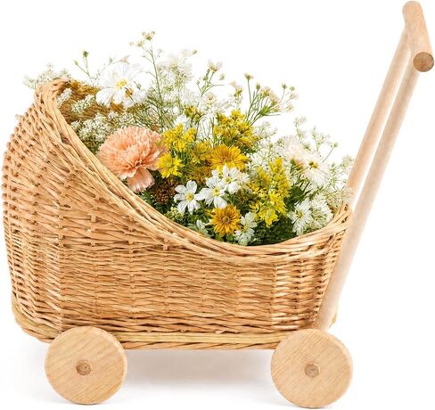 Wicker Baby Carriage 18.11"L x 12.01"D x 18.5"H Flower Basket Cart with Wheels Natural Woven Rattan Floral Display Stroller Style for Wedding Baby Shower Bridal Party Garden Home Decor Photo Props in Kuwait