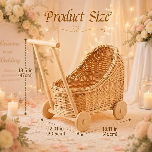 Wicker Baby Carriage 18.11"L x 12.01"D x 18.5"H Flower Basket Cart with Wheels Natural Woven Rattan Floral Display Stroller Style for Wedding Baby Shower Bridal Party Garden Home Decor Photo Props in Kuwait