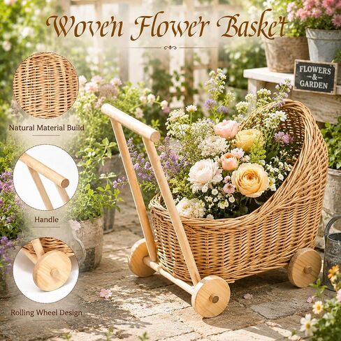 Wicker Baby Carriage 18.11"L x 12.01"D x 18.5"H Flower Basket Cart with Wheels Natural Woven Rattan Floral Display Stroller Style for Wedding Baby Shower Bridal Party Garden Home Decor Photo Props in Kuwait