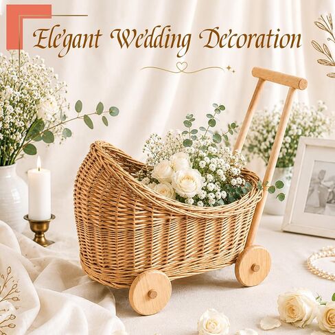 Wicker Baby Carriage 18.11"L x 12.01"D x 18.5"H Flower Basket Cart with Wheels Natural Woven Rattan Floral Display Stroller Style for Wedding Baby Shower Bridal Party Garden Home Decor Photo Props in Kuwait