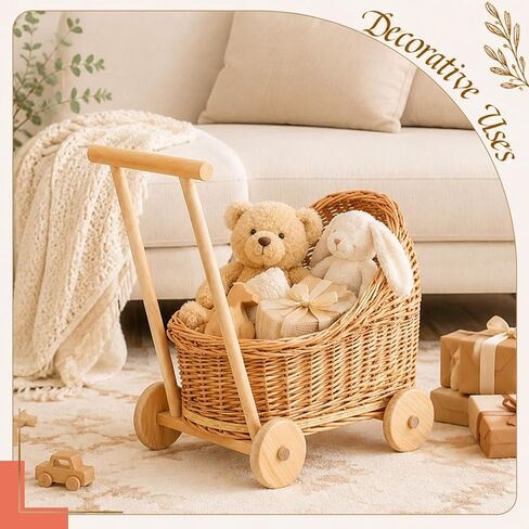 Wicker Baby Carriage 18.11"L x 12.01"D x 18.5"H Flower Basket Cart with Wheels Natural Woven Rattan Floral Display Stroller Style for Wedding Baby Shower Bridal Party Garden Home Decor Photo Props in Kuwait