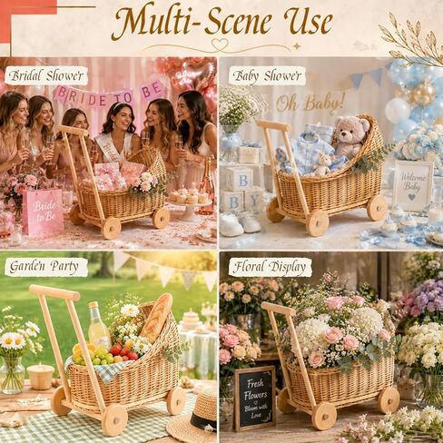 Wicker Baby Carriage 18.11"L x 12.01"D x 18.5"H Flower Basket Cart with Wheels Natural Woven Rattan Floral Display Stroller Style for Wedding Baby Shower Bridal Party Garden Home Decor Photo Props in Kuwait