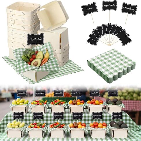84 Pcs/ 20 Set Locally Grown Baby Shower Party Decorations for Fresh off The Market Bridal Shower 20 Farmers Market Baskets with 40 Green Gingham Paper Napkins and 24 Mini Chalkboard Picks in Kuwait
