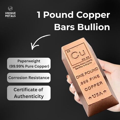 ثقالة ورق من سبيكة النحاس بوزن 1 رطل - تصميم عنصر كيميائي نقي 999 مع شهادة الأصالة من شركة Unique Metals in Kuwait