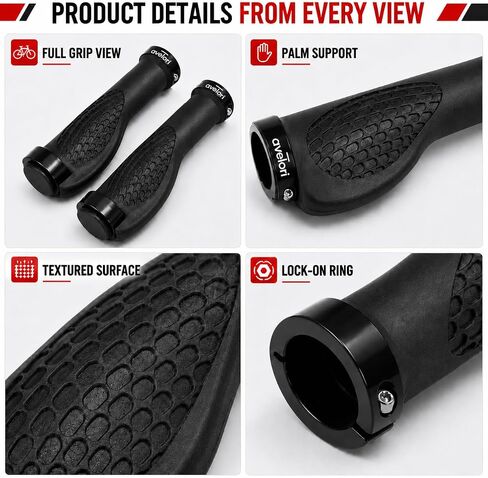 Ergonomic Bike Handlebar Grips, Dual Lock-On Aluminum Rings, Textured TPR Rubber, Palm Support Design, Fits Standard 22.2mm MTB Hybrid City Commuter Folding Bicycle Flat Handlebars, 1 Pair, Black in Kuwait
