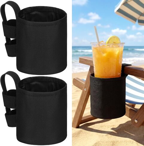 Patelai 2 Pack 4.1x3.5in Beach Chair Cup Holder Camping Chair Drink Holder, Portable Universal Water Bottle Organizer Accessories for Outdoor Beach Camping Lawn Fishing Pool Patio Loungers (Black) in Saudi Arabia